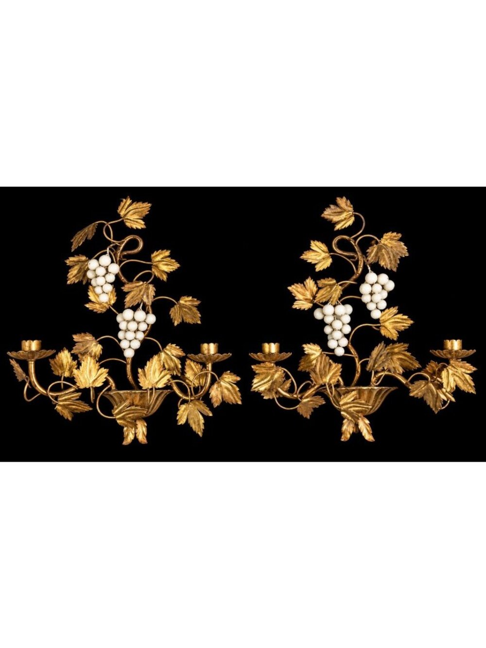 VTG Italian Tole Hollywood Regency Gold Gilt Grapevine Candle Sconces Wall Decor
